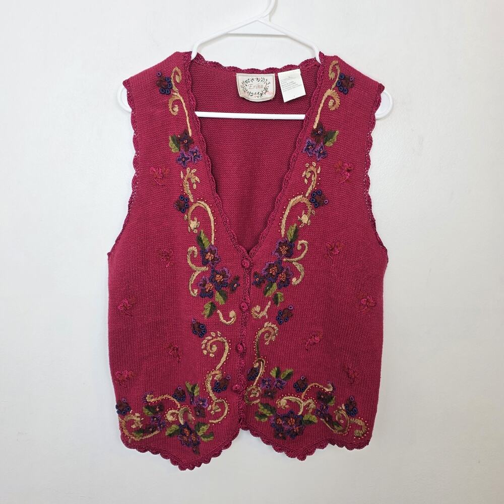Vintage Erika Cranberry Floral‎ Embroidered Button Up Cottagecore Vest Size L